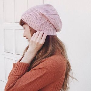 Pink cable knit beanie